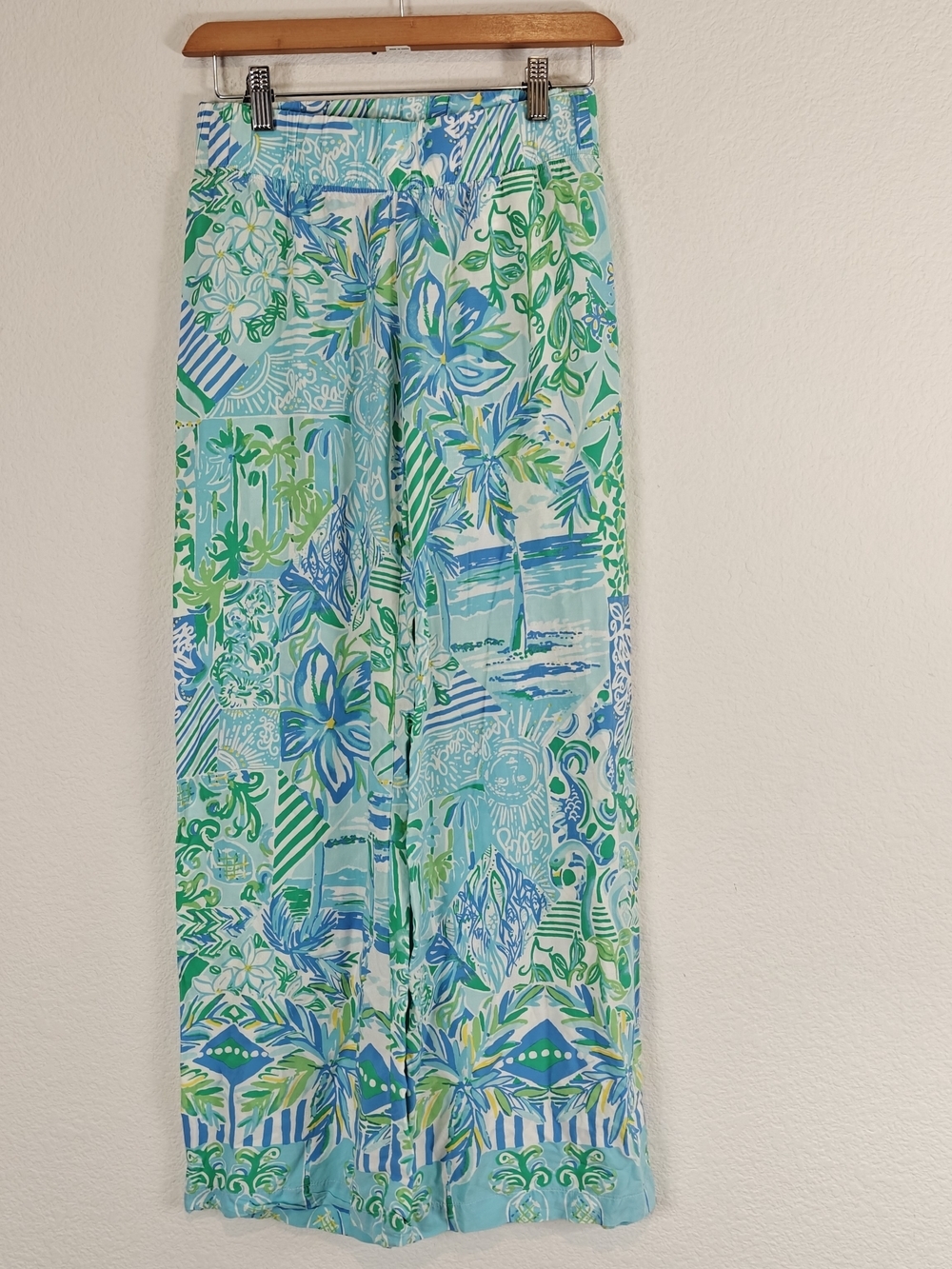 Lilly Pulitzer Bal Harbour Palazzo Pants Beach Happy Blue Green Rayon Pull-On XS